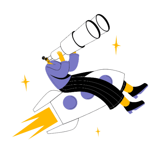 A girl with binoculars is flying on a rocket. Vector illustration about the search for a successful idea.