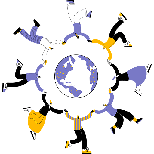 People of different nationalities and different skin colors are holding hands suddenly planet Earth. Vector illustration on the theme of multiculturalism and friendship between peoples.